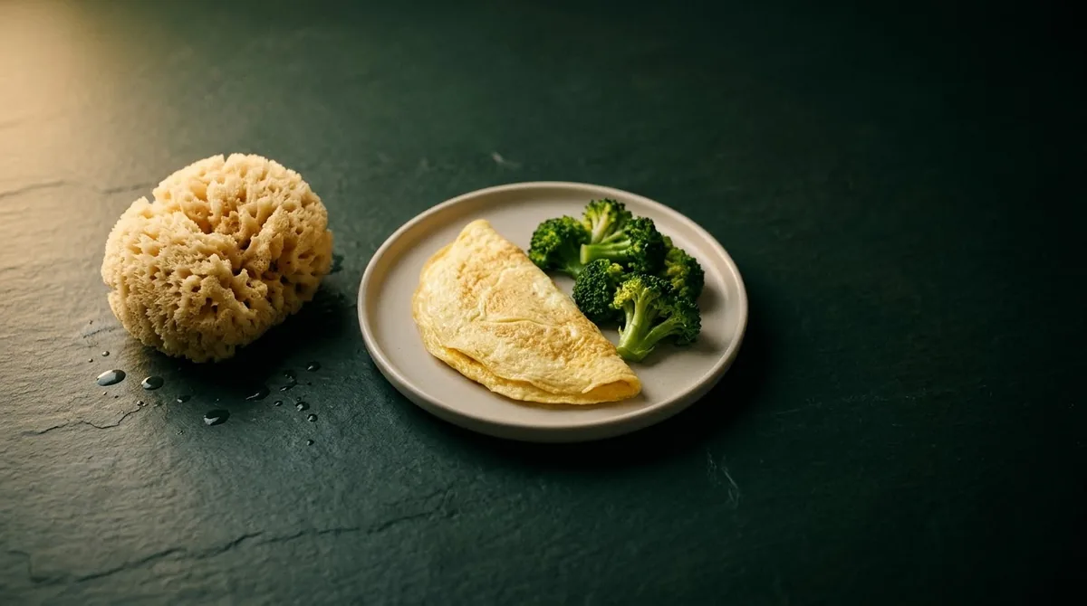 Een natuurlijke spons met waterdruppels ernaast, naast een bord met een omelet en broccoli