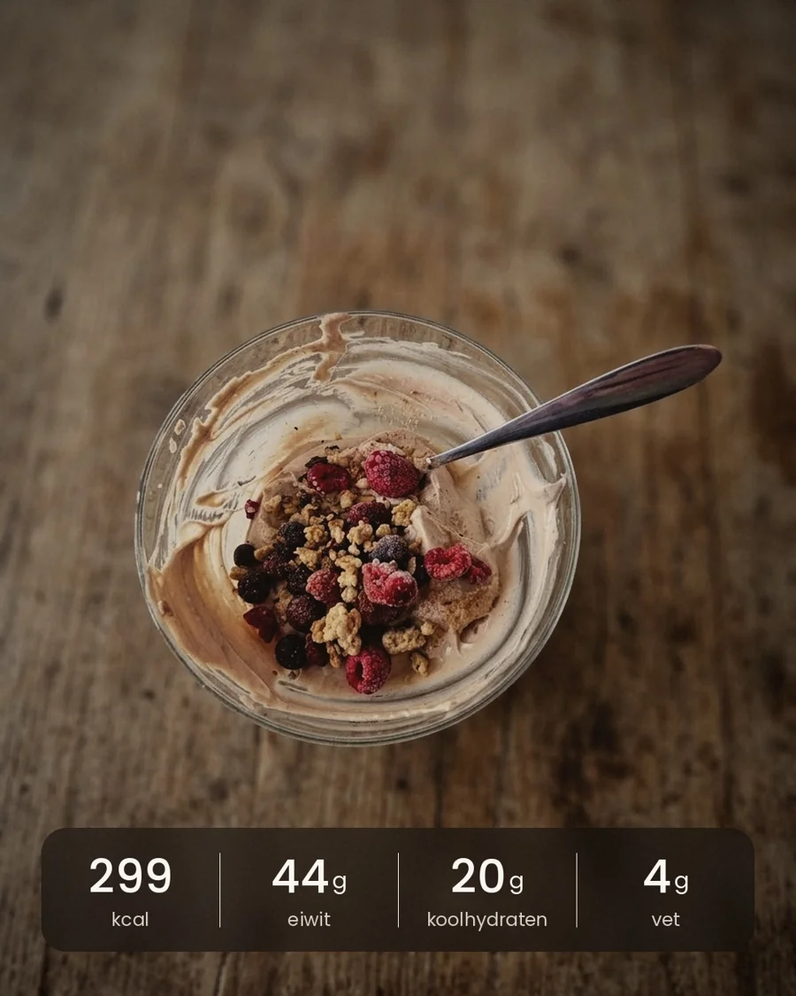 Kwarkbowl met rood fruit en crunch: 299 kcal, 44 g eiwit, 20 g koolhydraten, 4 g vet