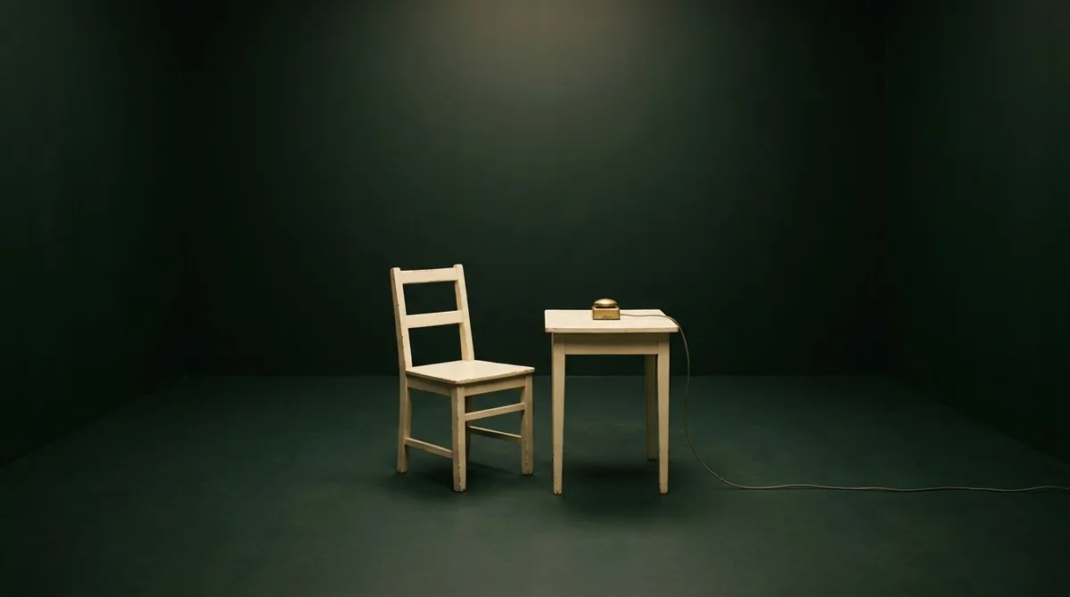 Kale donkergroene kamer met een lege houten stoel en een tafeltje met daarop een goudkleurige knop aan een snoer