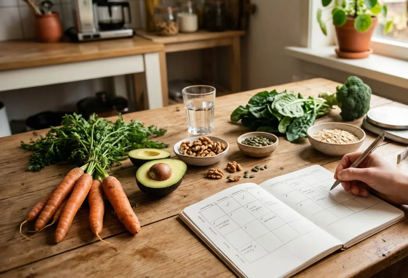 Een houten tafel met wortels, avocado, noten, spinazie en broccoli, en een hand die een weekschema invult